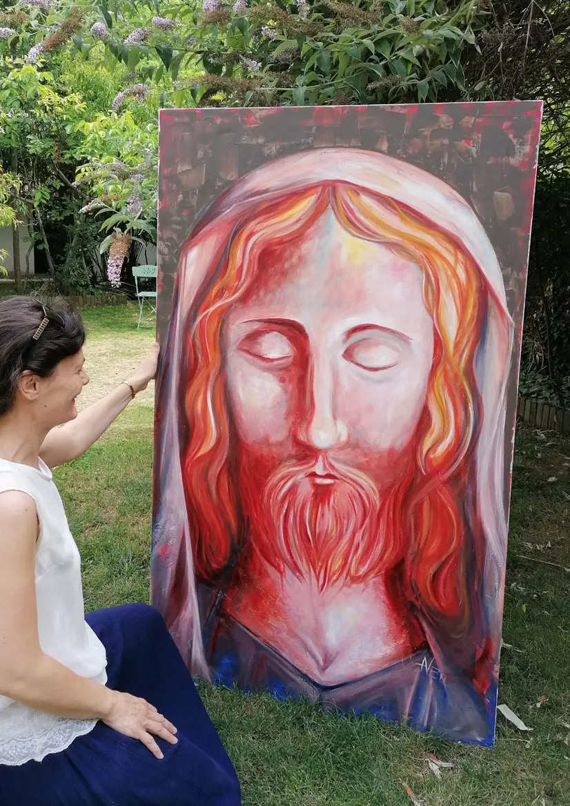 Jesus-huile-sur-toile-anne-villedey-bleu-et-or a-vendre-jesus-huile-97x162-1100€